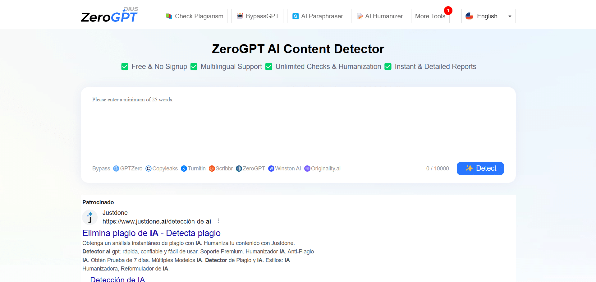 Página principal de ZeroGPT Plus con opciones de detección y reescritura