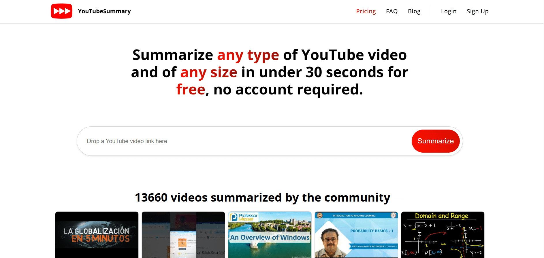 Interfaz simple de YouTube Summary para resumir videos
