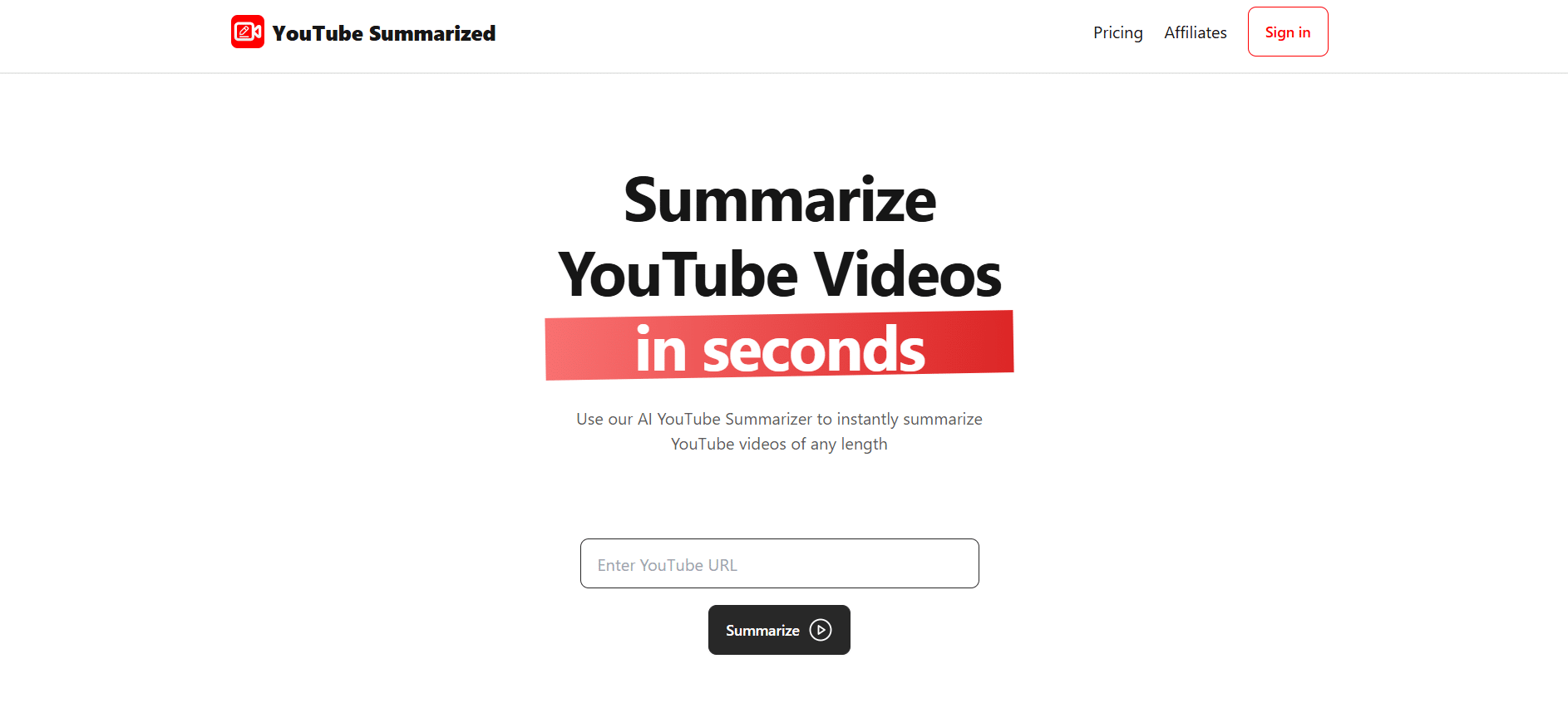 PÔgina de inicio de YouTube Summarized con botón para ingresar URL de video