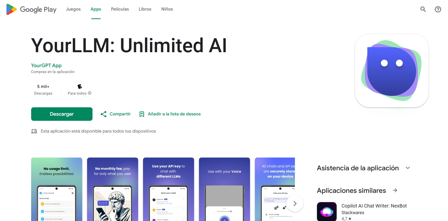 Interfaz principal de YourLLM: Unlimited AI mostrando una conversación con inteligencia artificial