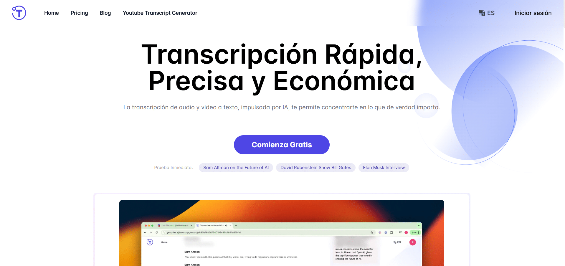 Pantalla de Yescribe mostrando transcripción automÔtica de audio a texto