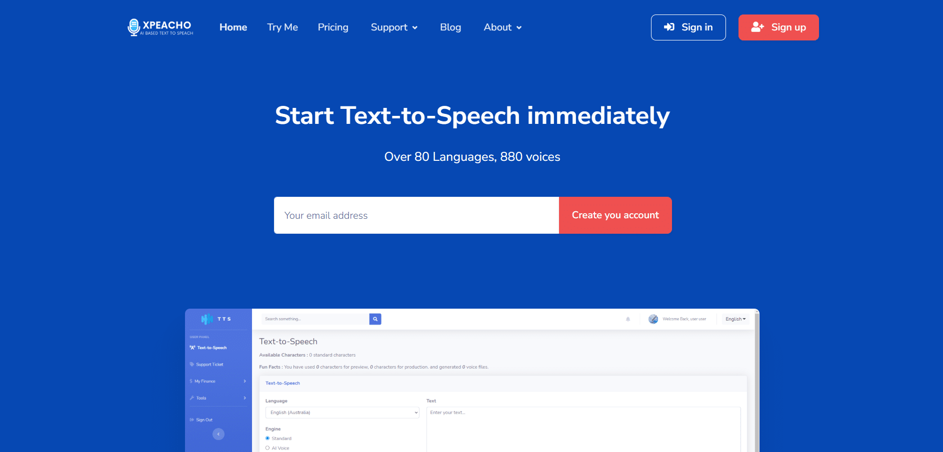 Panel de control de una plataforma de texto a voz con opciones de personalización