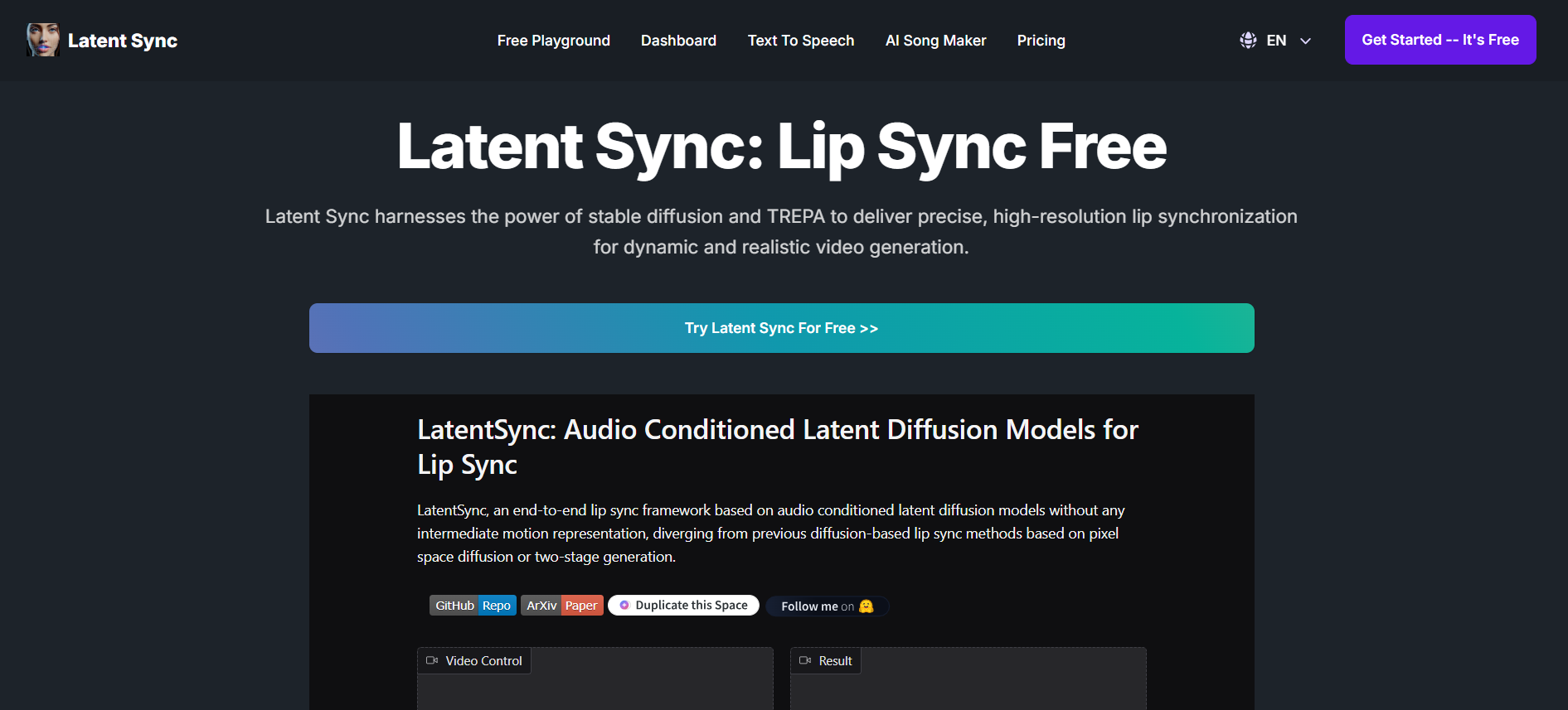 Interfaz de Latent Sync destacando su servicio de sincronización labial con modelos de difusión latente