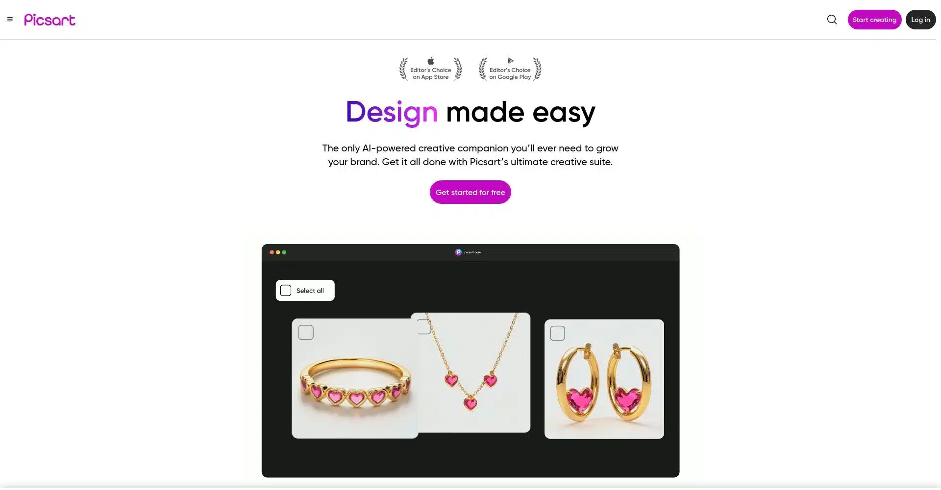 Interfaz de usuario de Picsart mostrando joyería