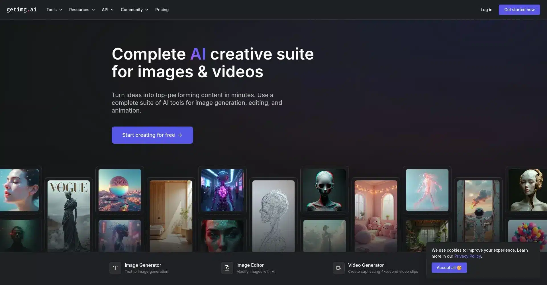 Interfaz de getimg.ai mostrando herramientas de IA para generación y edición de imágenes y videos