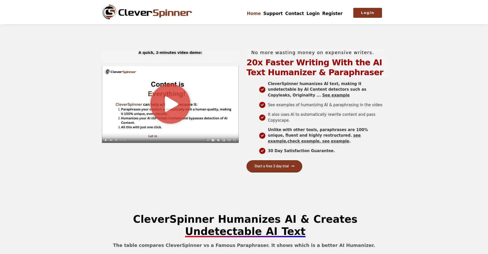Captura de pantalla de CleverSpinner, una herramienta de humanización y parafraseo de texto AI