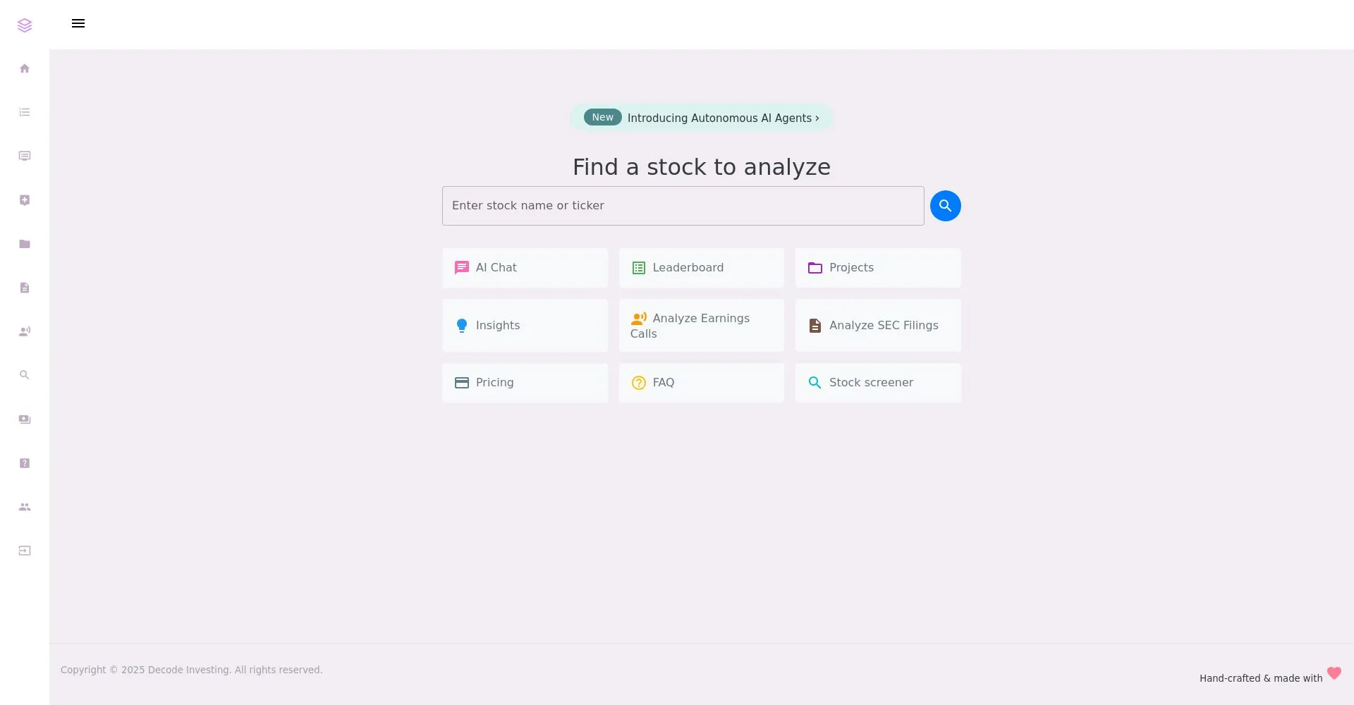 Pantalla de búsqueda de acciones y opciones de análisis en un sitio web