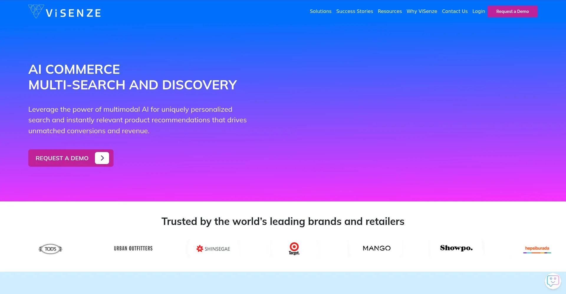 Página de inicio de ViSenze con información sobre AI Commerce