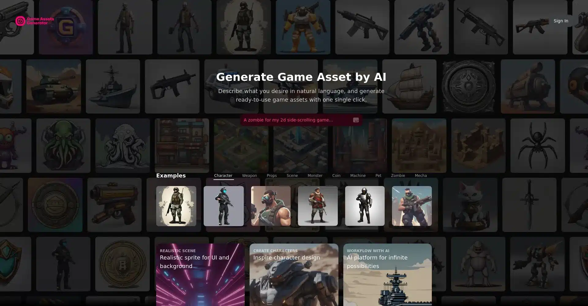 Pantalla del generador de activos de juegos mediante IA
