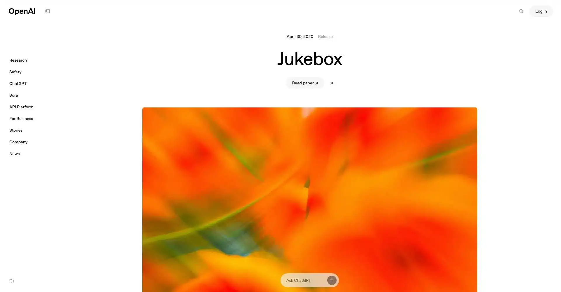 Captura de pantalla de la página Jukebox de OpenAI