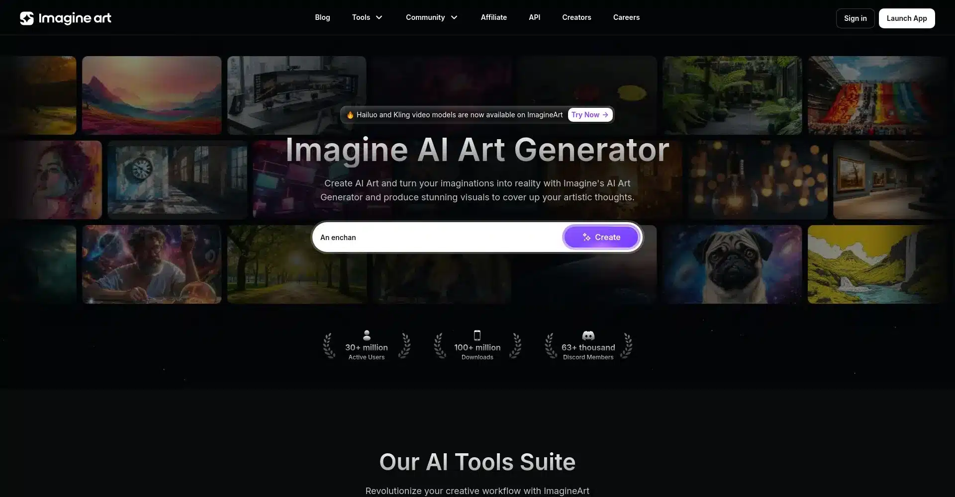Interfaz del Generador de Arte AI de Imagine Art con ejemplos visuales