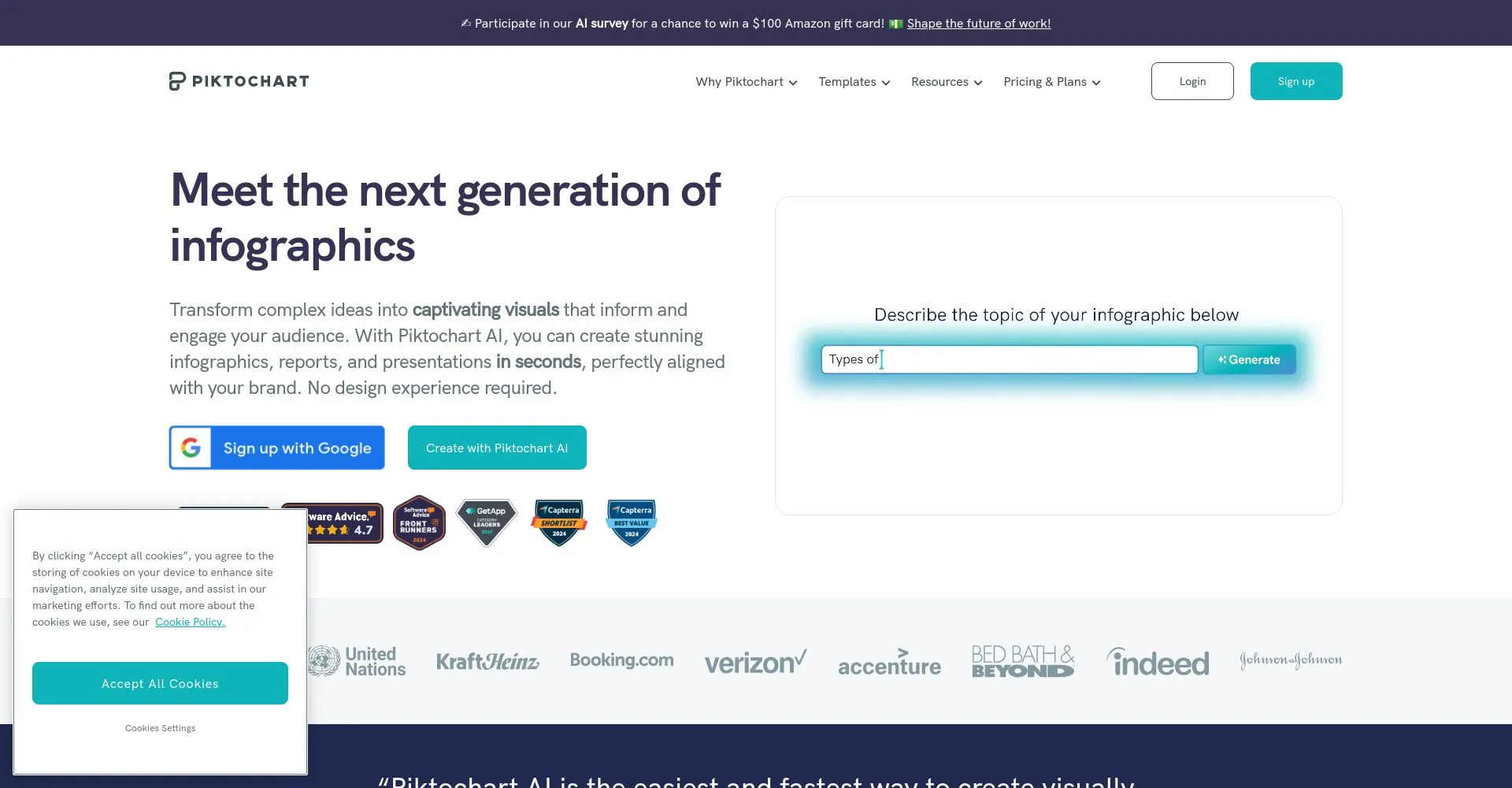 Página de inicio de Piktochart para crear infografías