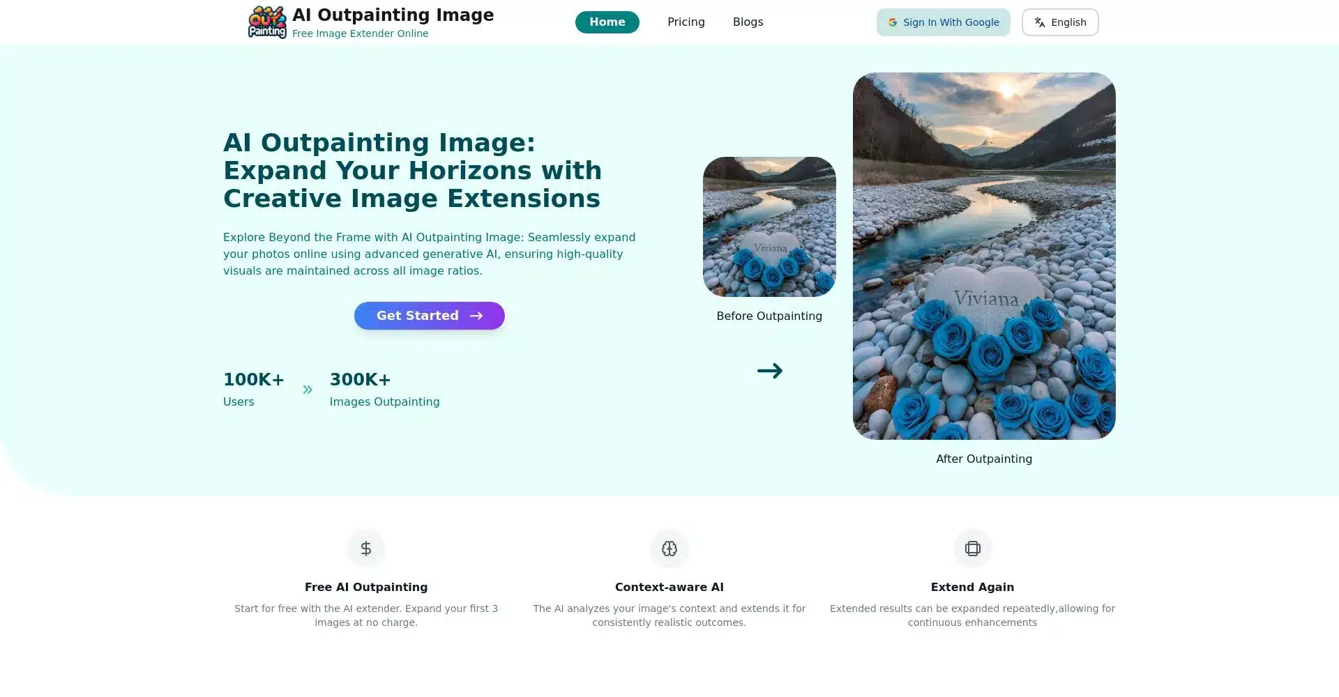 Captura de pantalla de AI Outpainting Image con ejemplos antes y después de la extensión de imagen