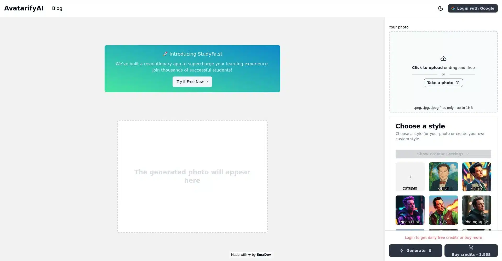 Interfaz del sitio web AvatarifyAI
