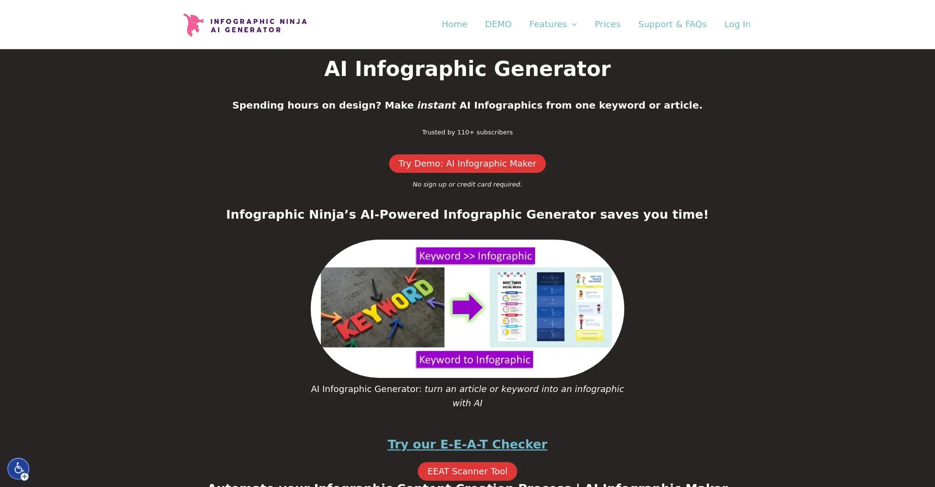 Página principal del generador de infografías de Infographic Ninja