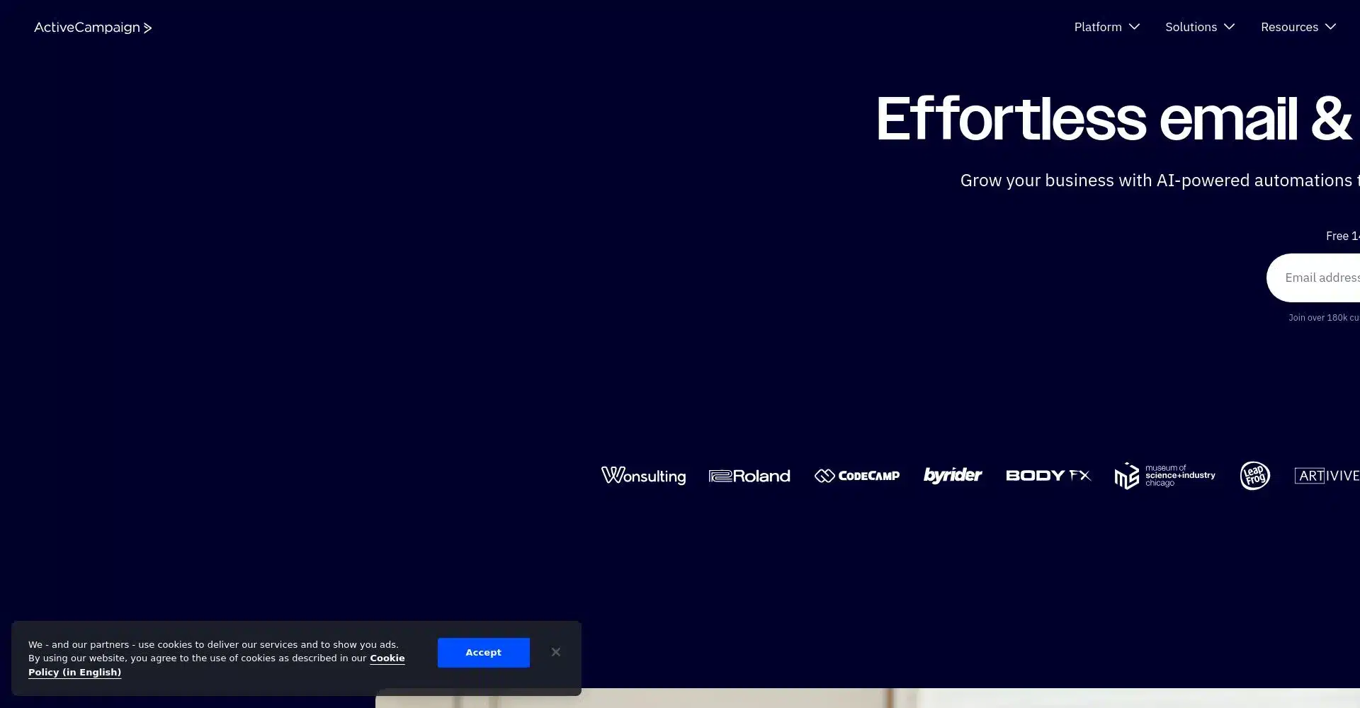 Captura de pantalla de la pƔgina de inicio de ActiveCampaign