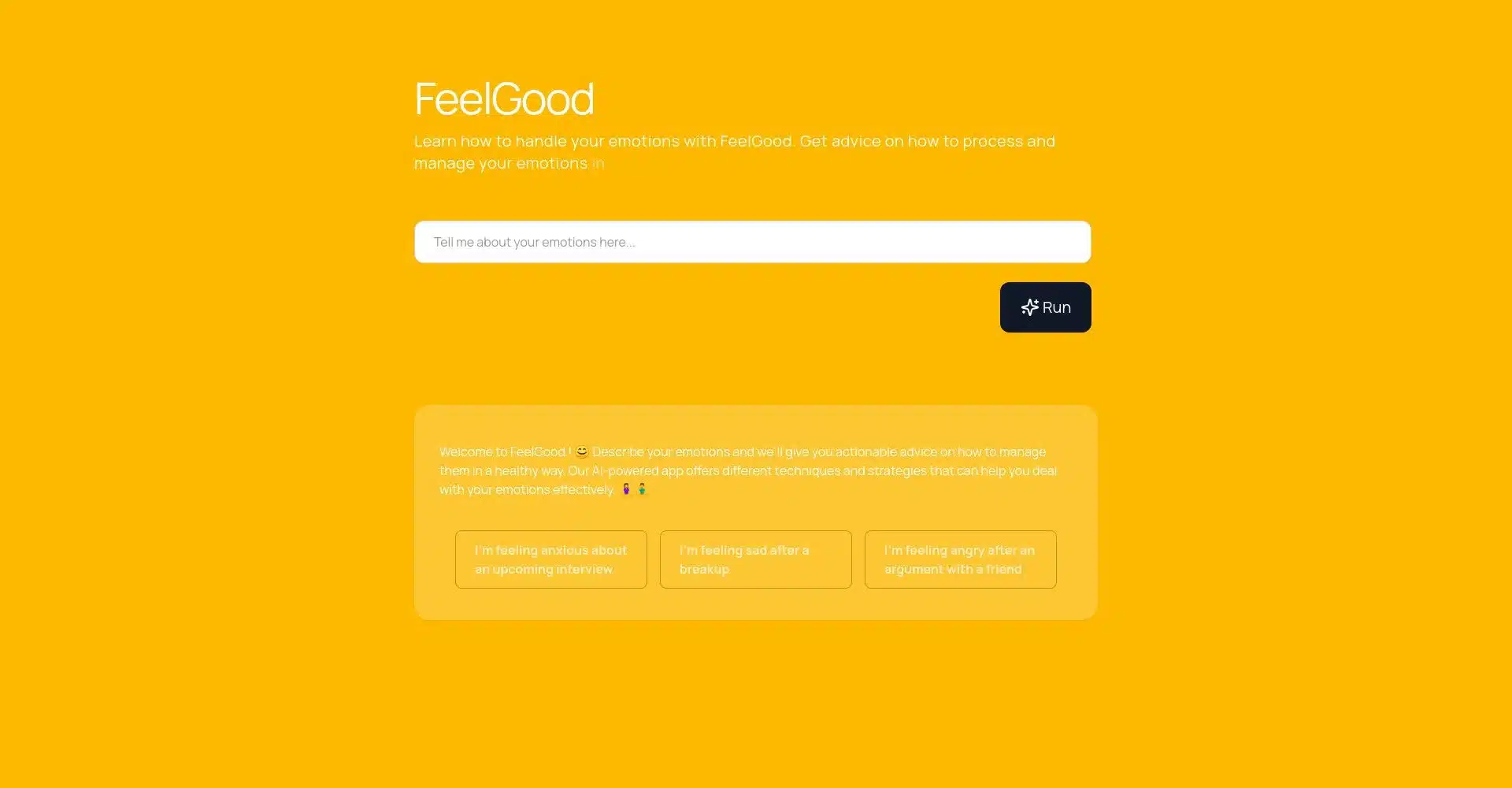 Página de inicio de FeelGood para gestionar emociones