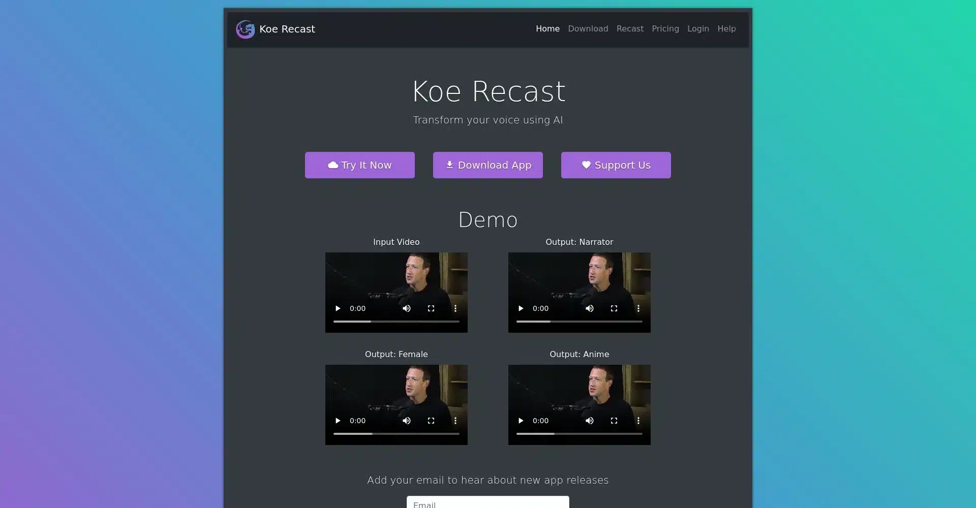 Página principal de Koe Recast mostrando opciones de demo