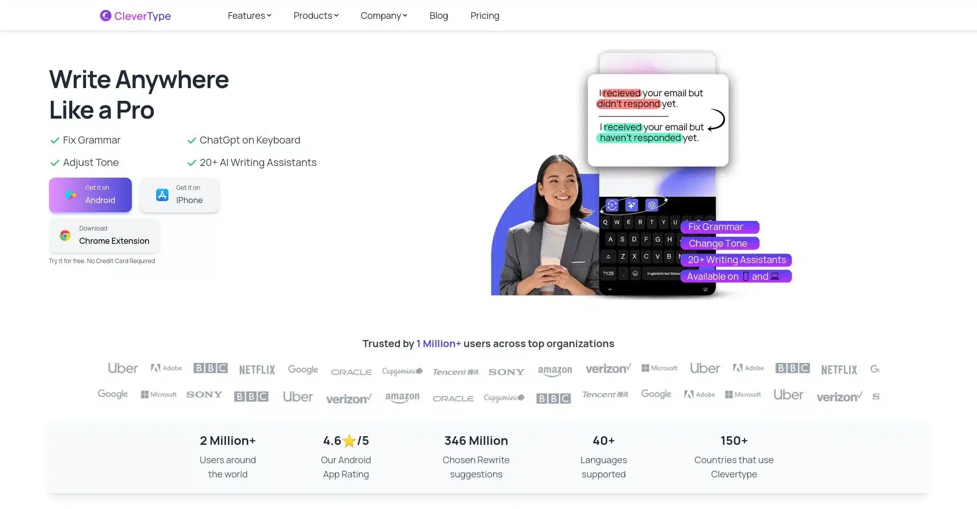 Pantalla de inicio de CleverType mostrando características de escritura AI