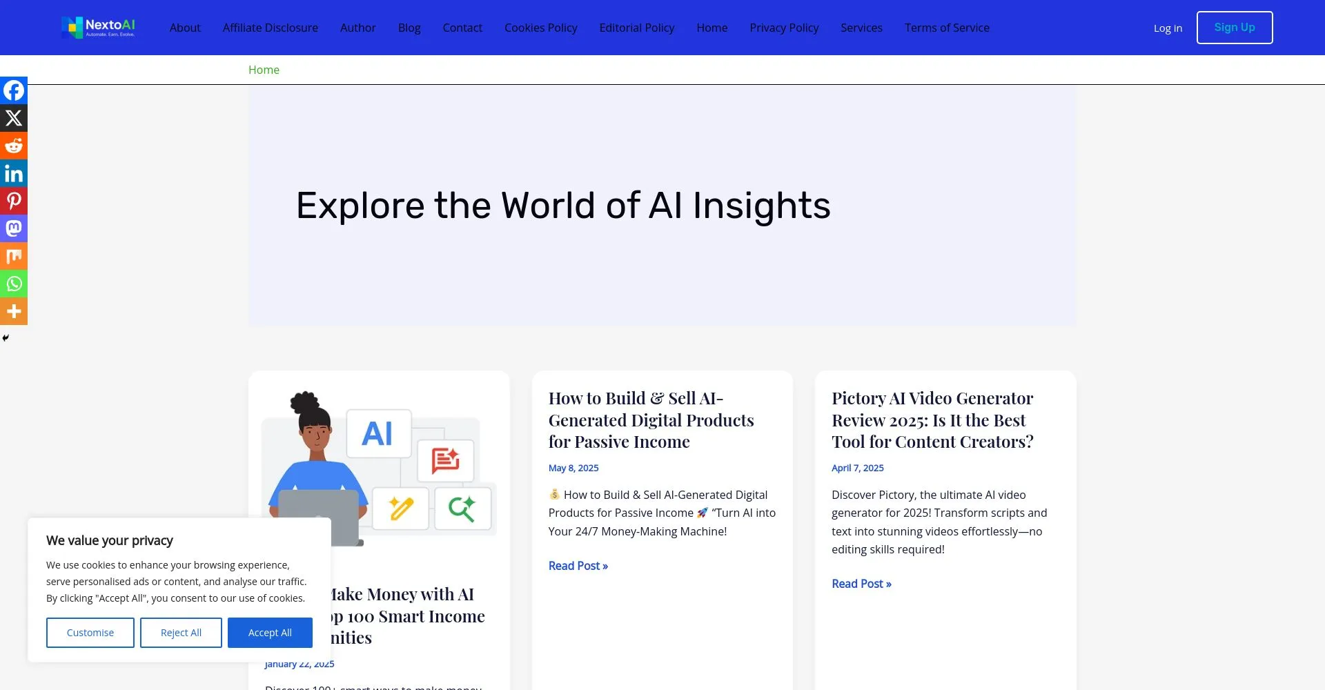 PƔgina de inicio de Nexto AI mostrando publicaciones sobre productos digitales y generadores de video