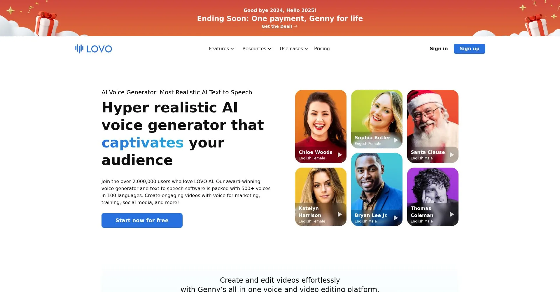 Captura de pantalla del sitio web de LOVO AI mostrando un generador de voz con inteligencia artificial.