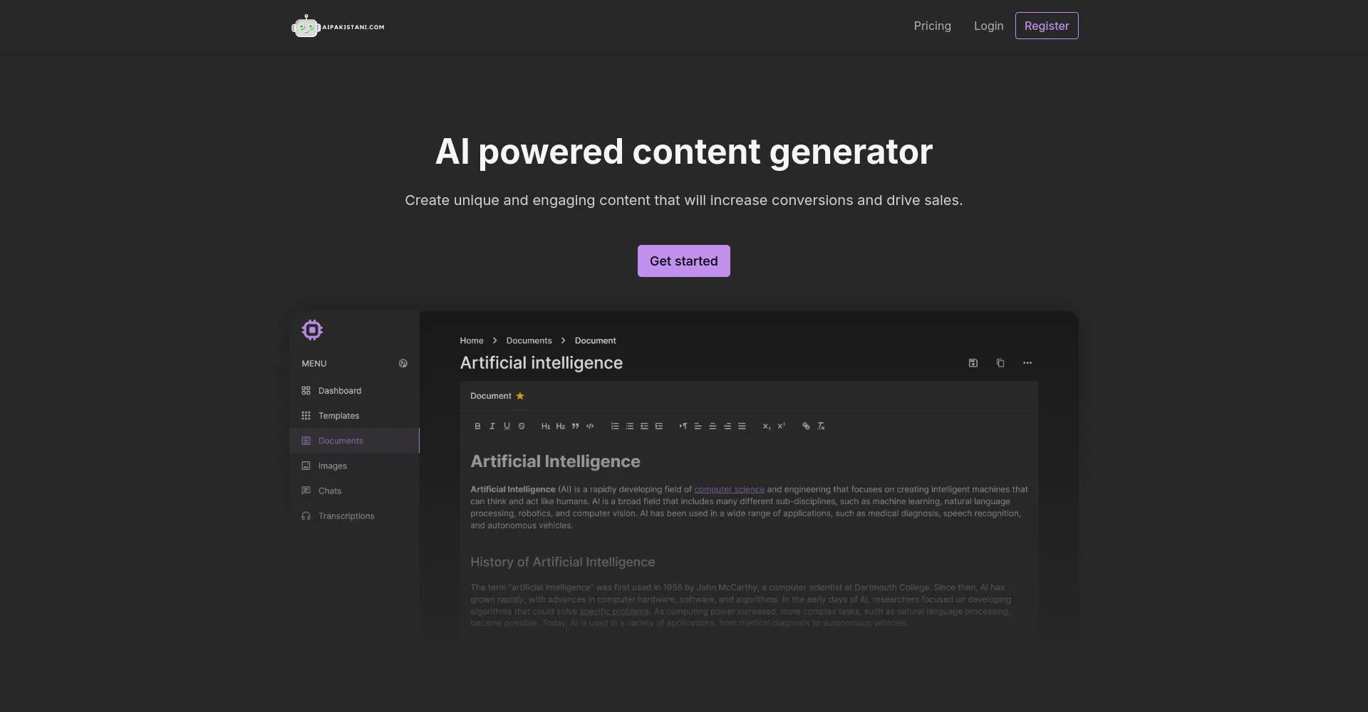 Interfaz del generador de contenido AI
