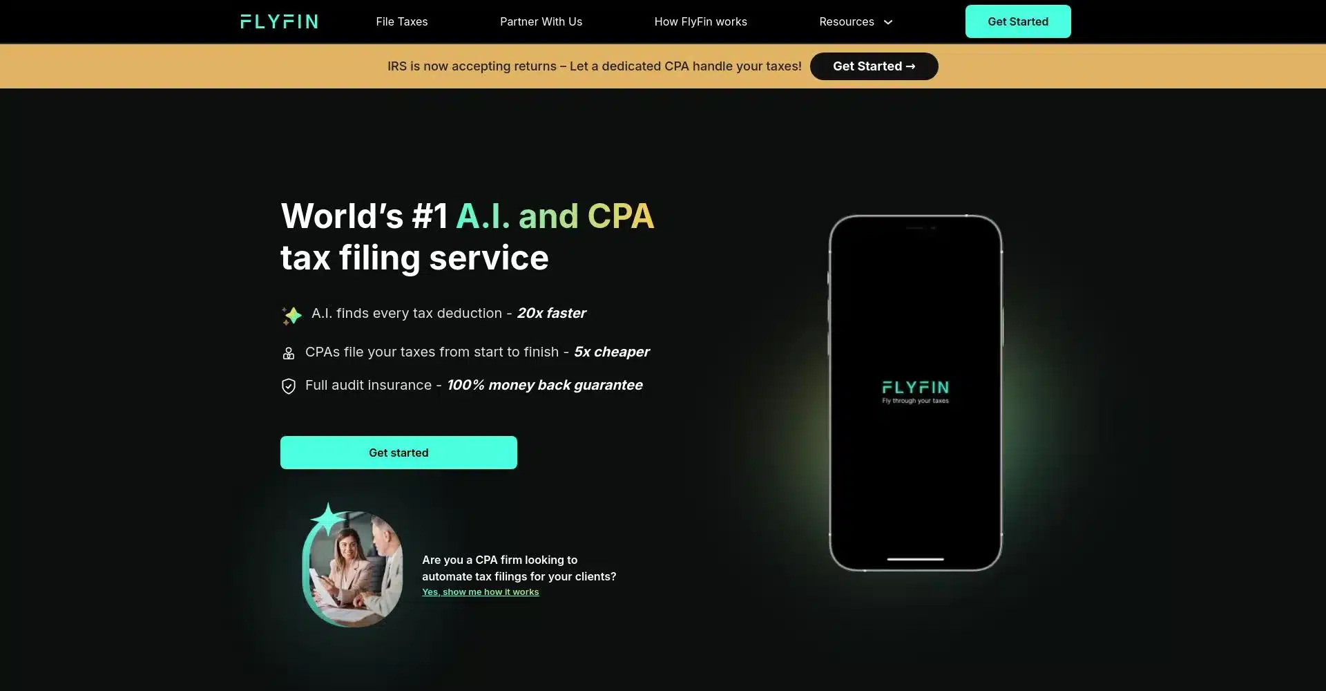 Captura de pantalla del servicio FlyFin de impuestos por IA y CPA