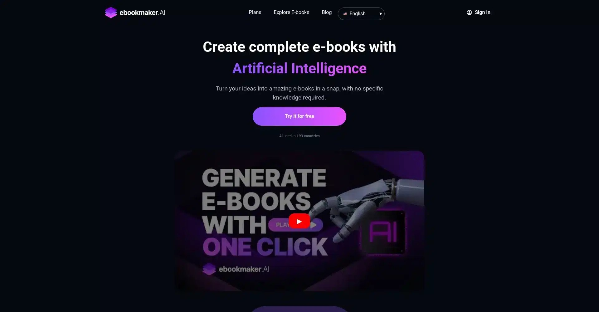Página de inicio de ebookmaker.AI mostrando una promoción para la creación de e-books