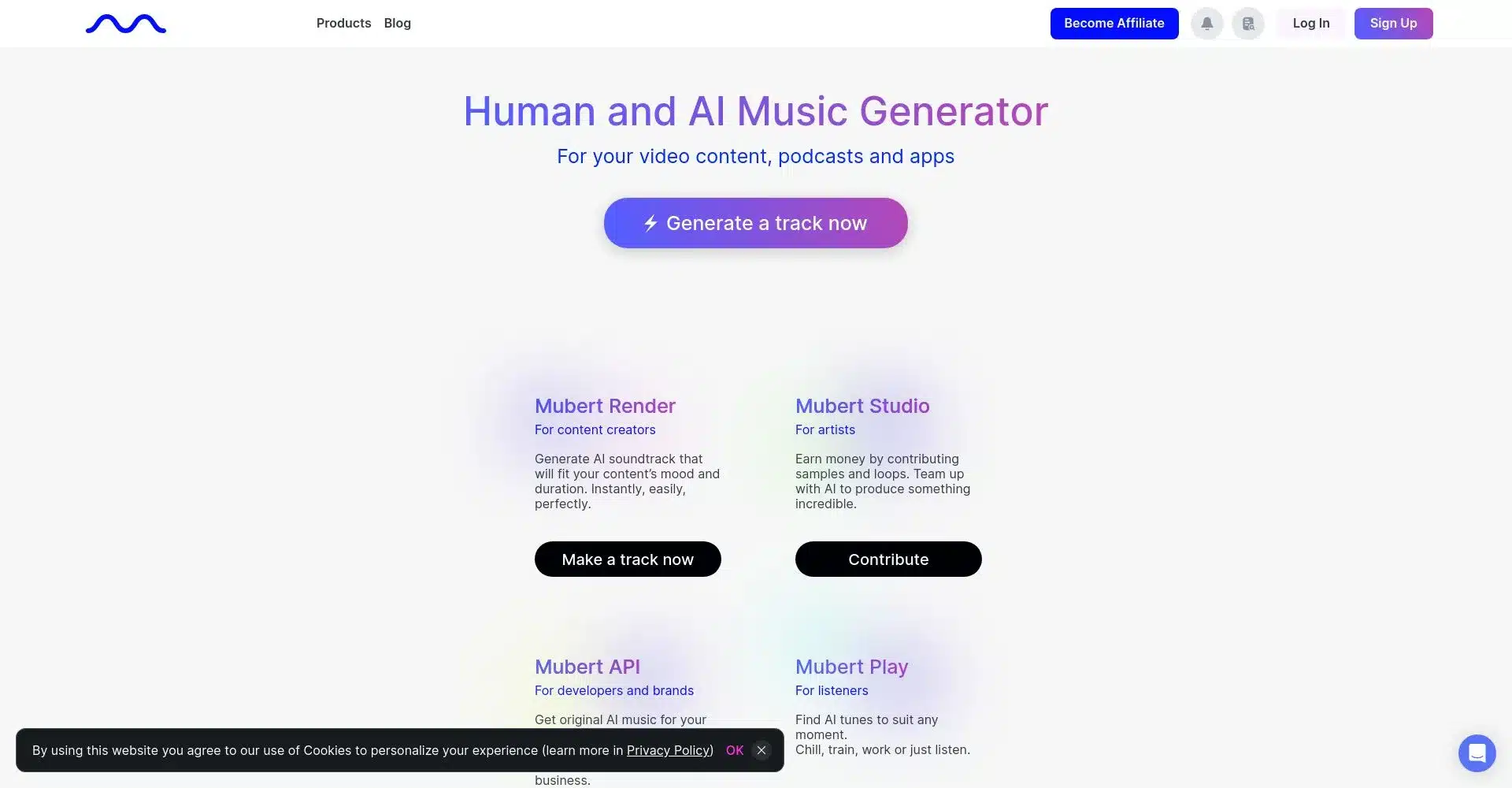 Captura de pantalla de Mubert, generador de música por IA