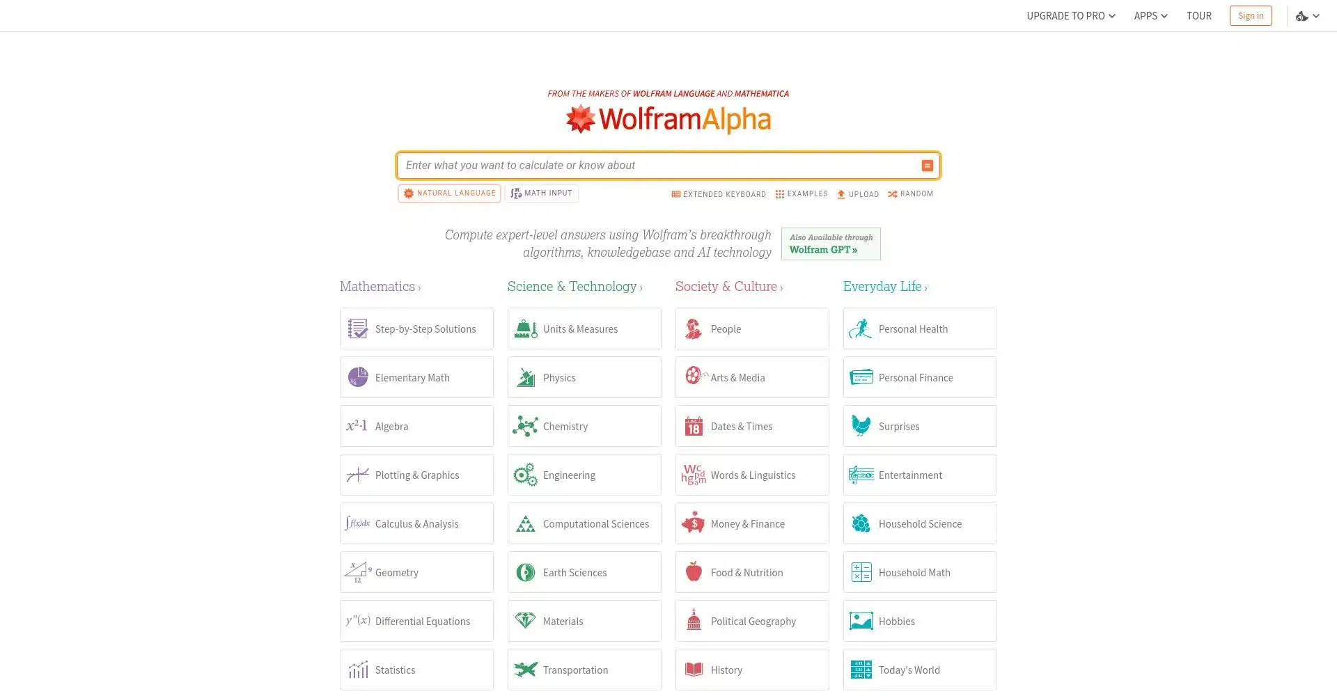 Captura de pantalla de la página principal de Wolfram Alpha mostrando categorías de consulta.