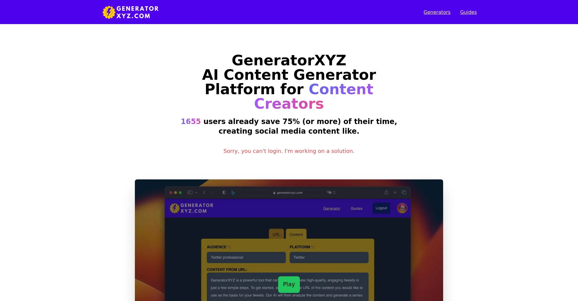 Captura de pantalla de la plataforma GeneratorXYZ AI Content Generator