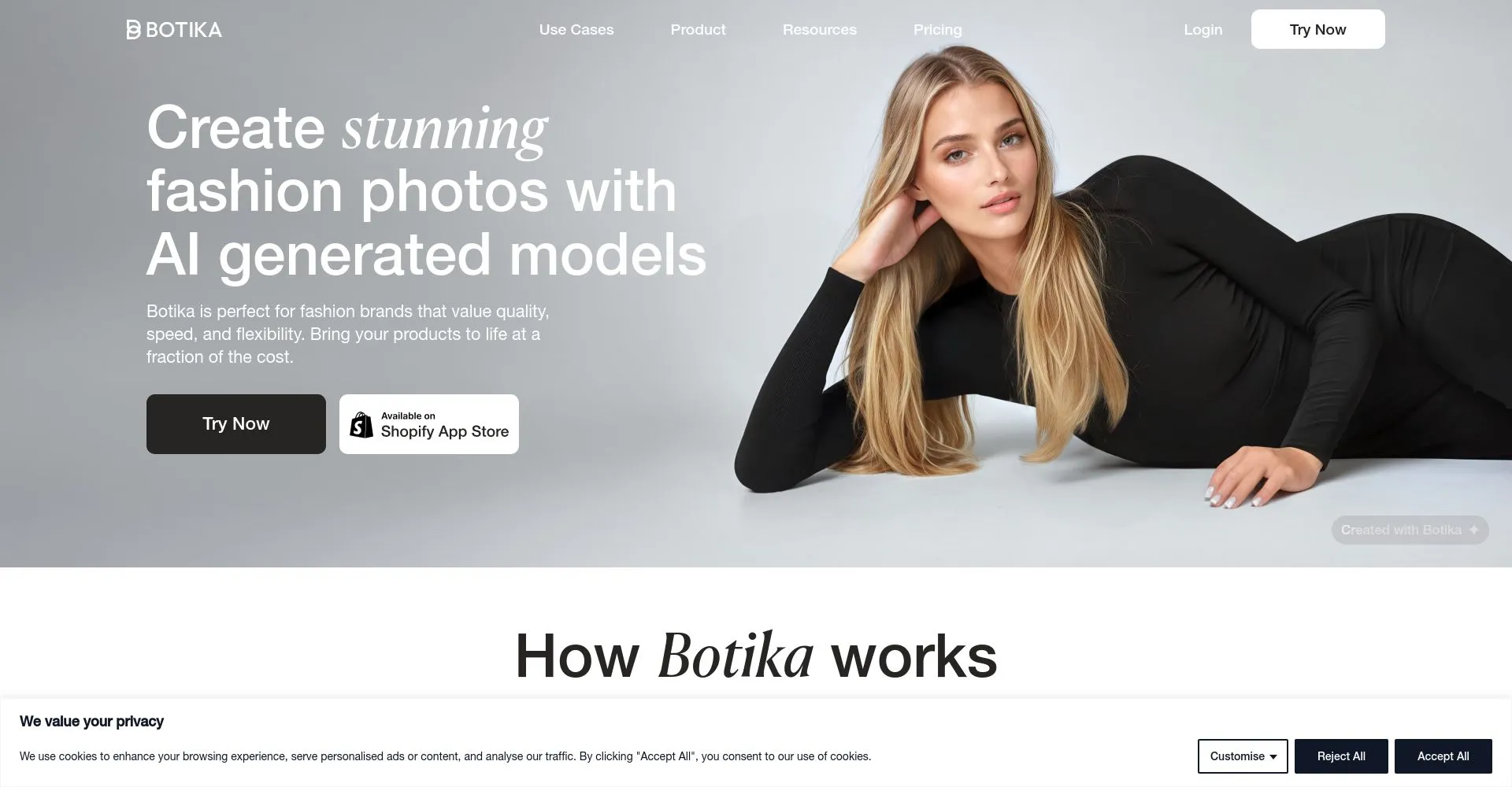 Modelo generada por IA en el sitio web de Botika