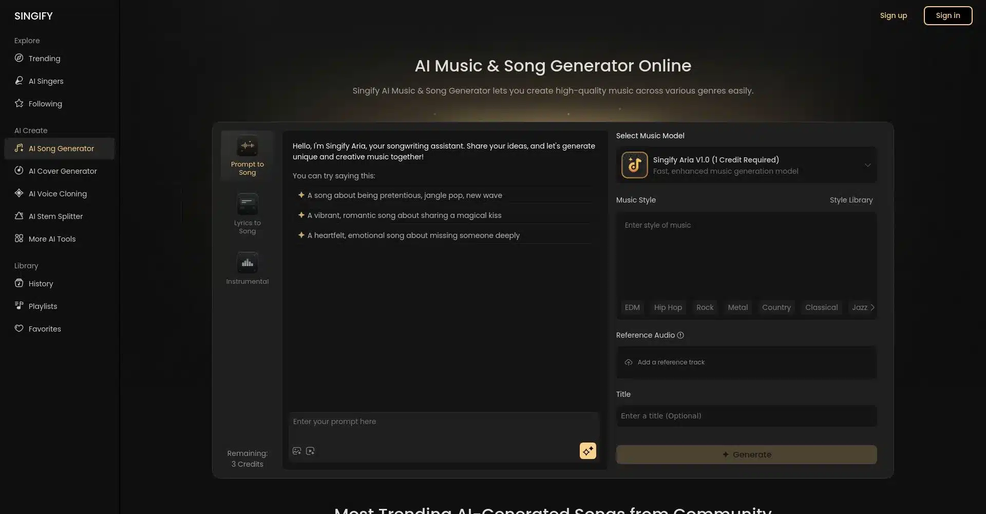 Interfaz del generador de canciones con AI Singify