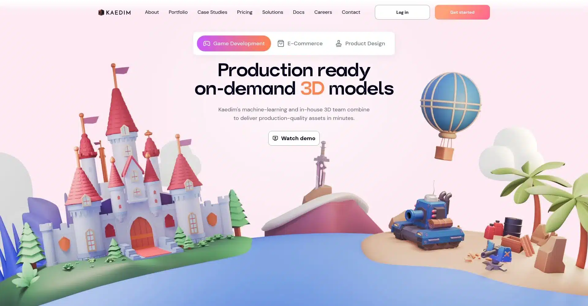 Página de inicio de Kaedim mostrando modelos 3D