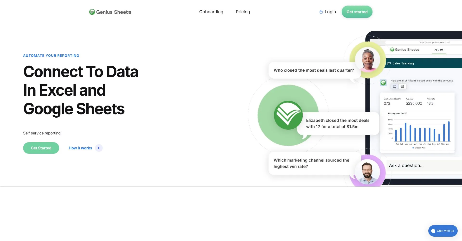 PÔgina de inicio de Genius Sheets mostrando integración con datos