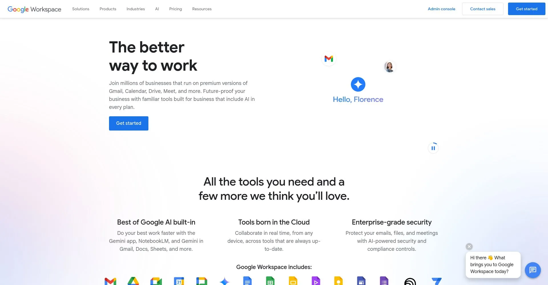 Página de inicio de Google Workspace mostrando características clave