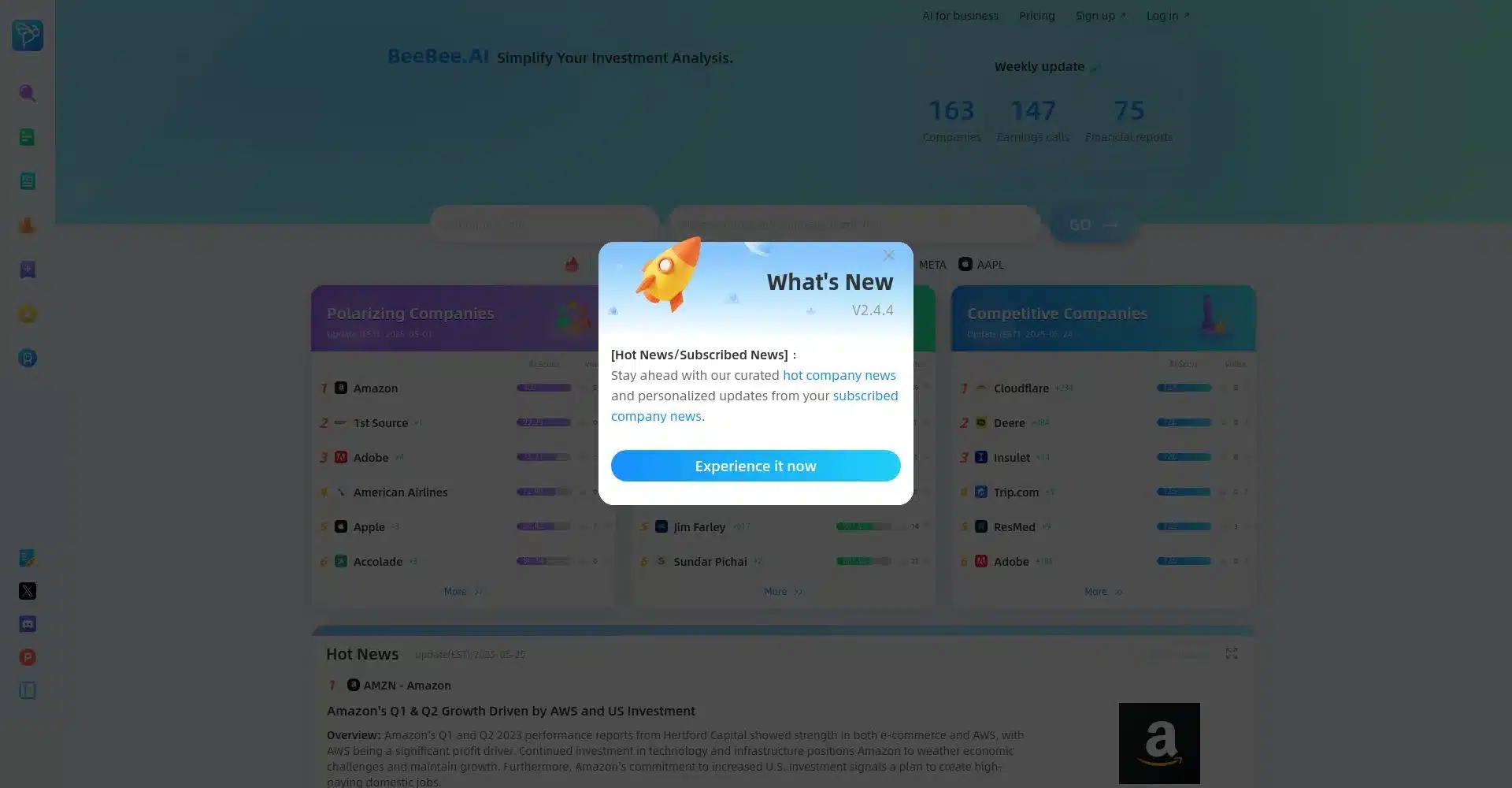 Pantalla de actualización de BeeBee.AI con noticias y análisis de empresas