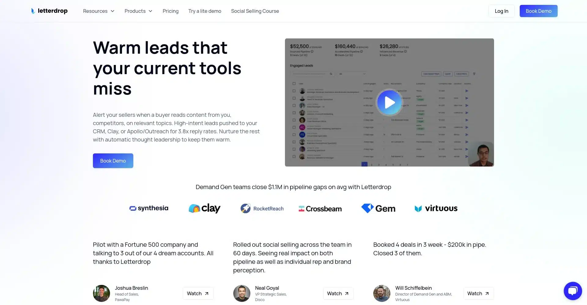 Interfaz de sitio web de Letterdrop mostrando leads comprometidos