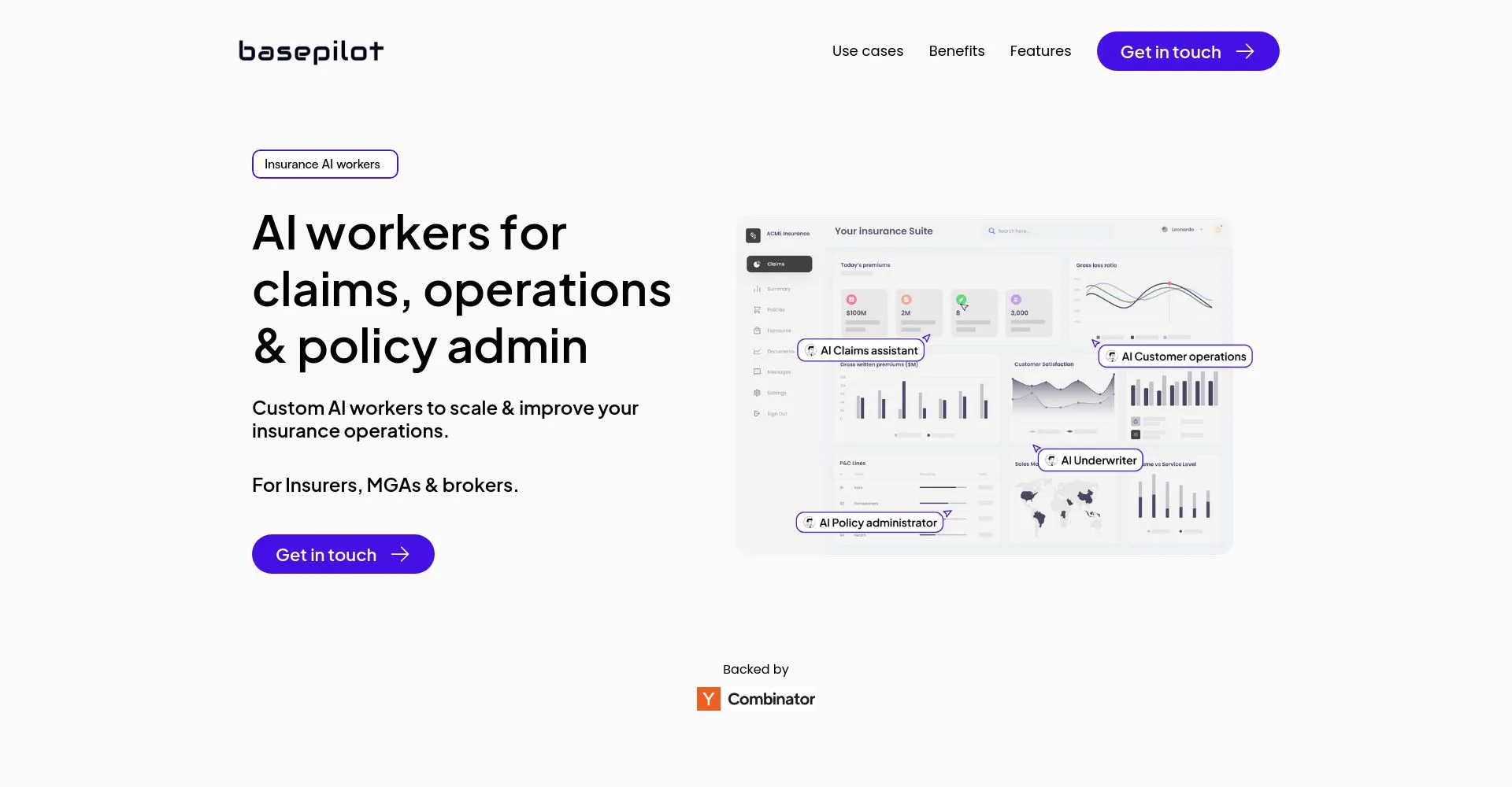 Captura de pantalla de basepilot sobre trabajadores de IA para seguros