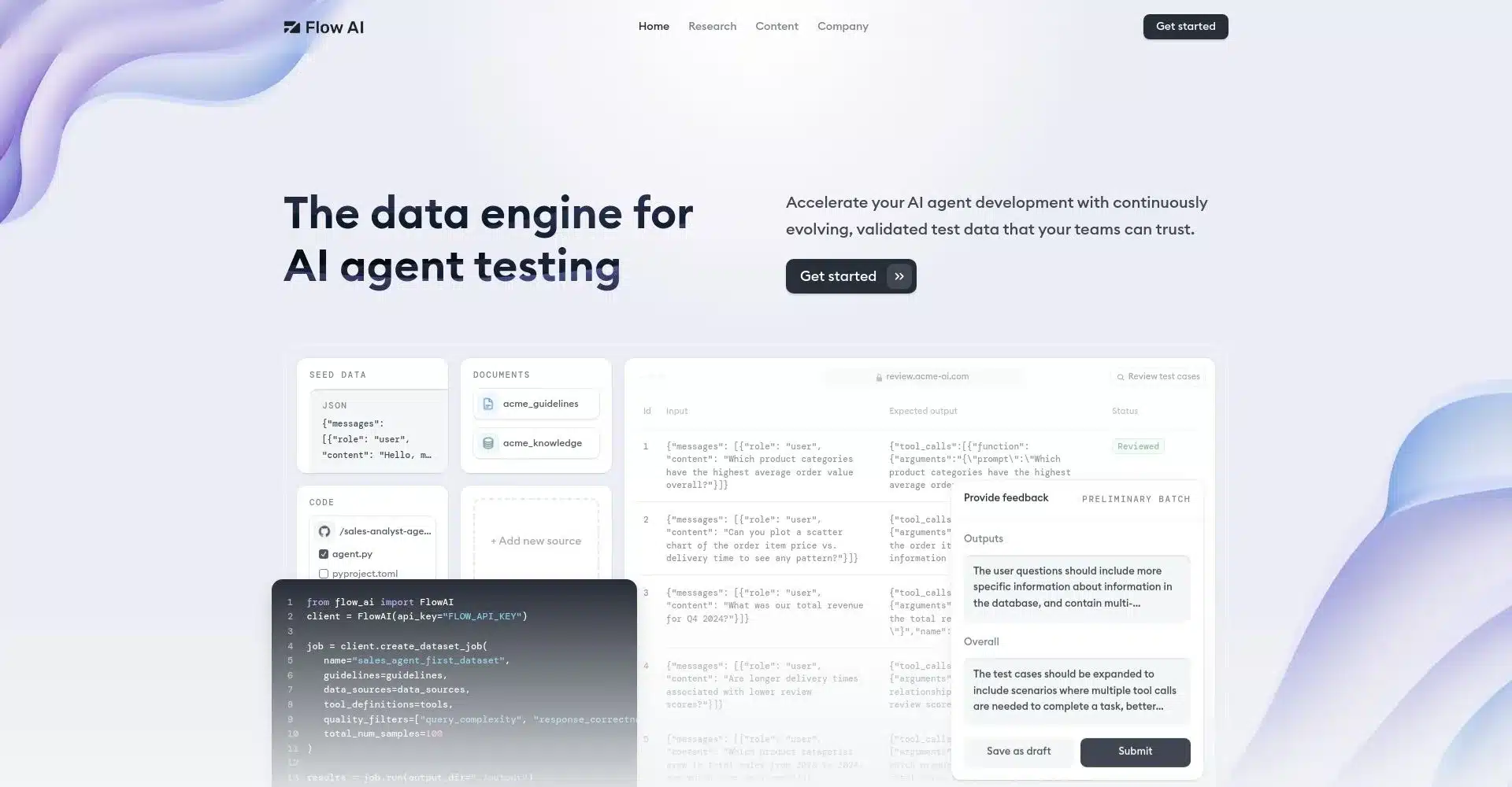 Captura de pantalla de Flow AI mostrando procesamiento de datos para pruebas de agentes de IA