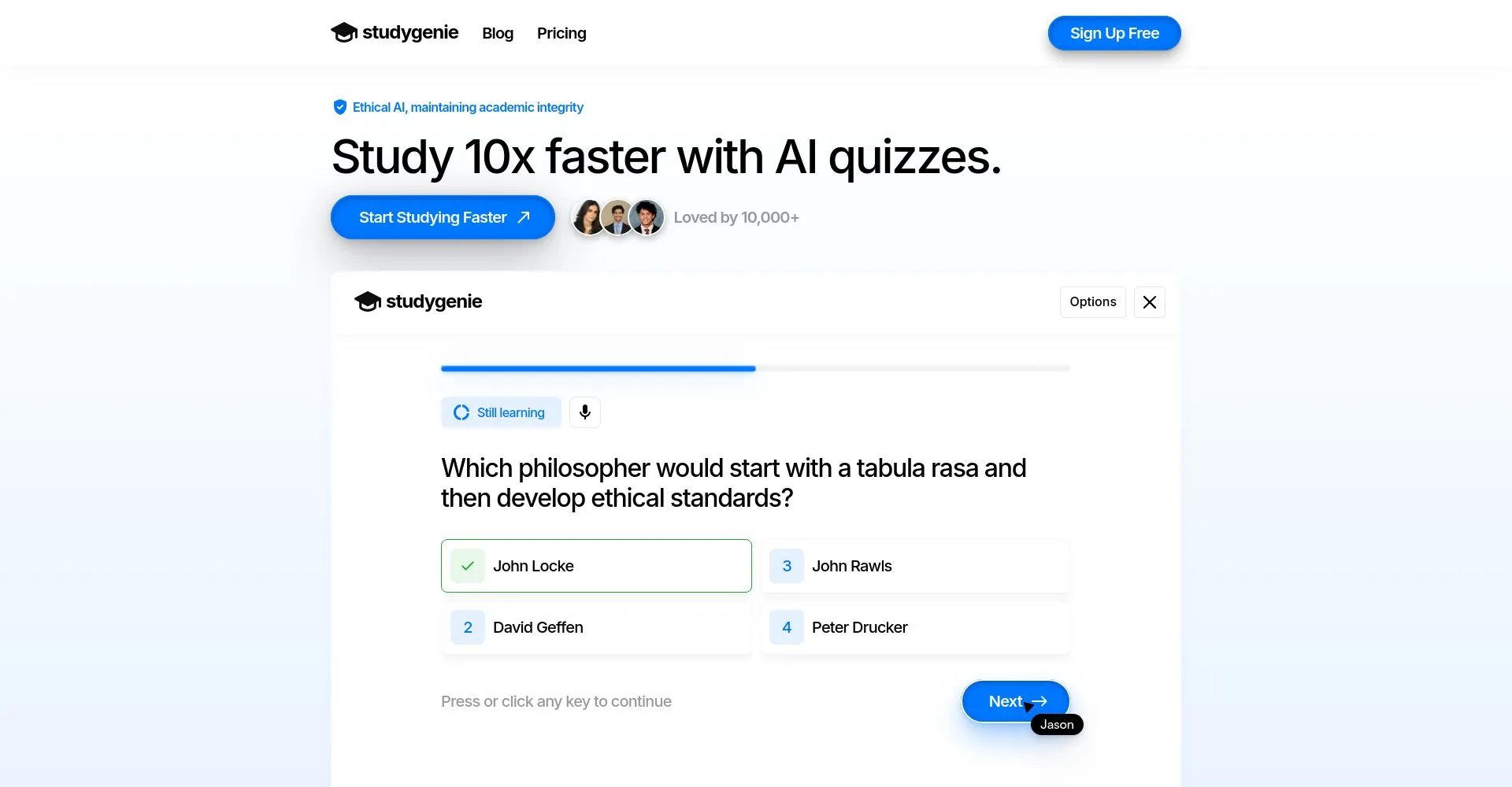 Captura de pantalla de la página web de Studygenie mostrando un cuestionario de filosofía