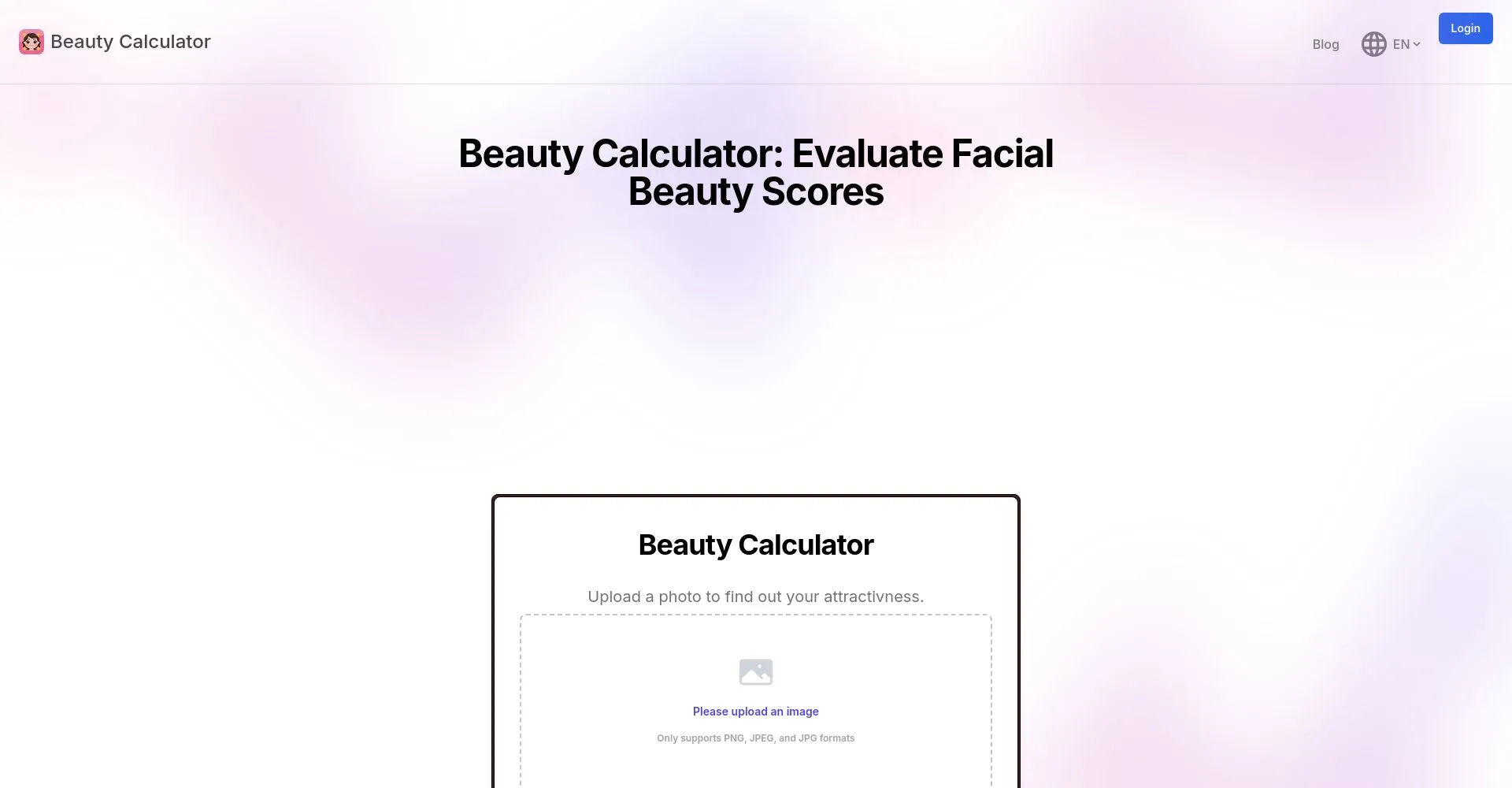 Página de inicio de la Calculadora de Belleza con opción para cargar foto
