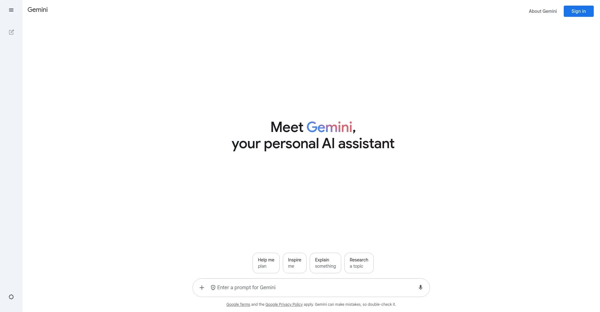 Página de inicio de Gemini, asistente de IA