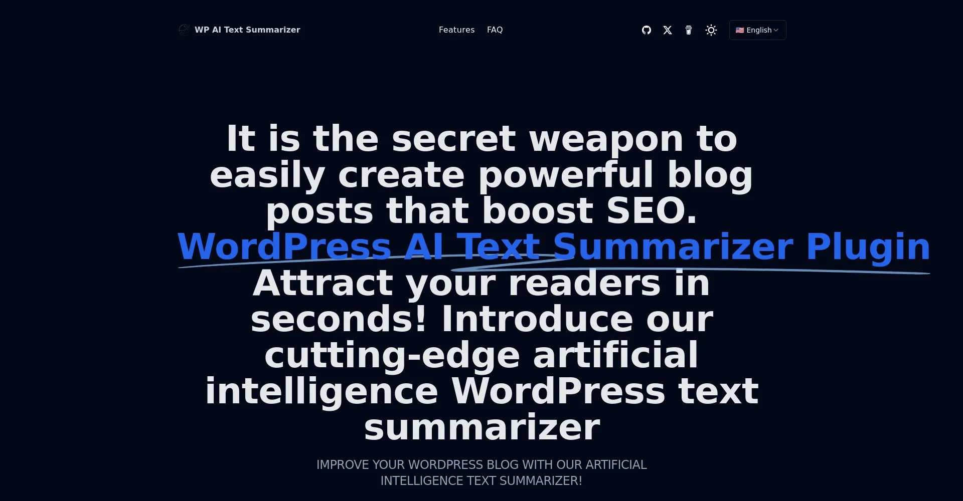Captura de pantalla de un sitio web que promociona un plugin de resumen de texto para WordPress.