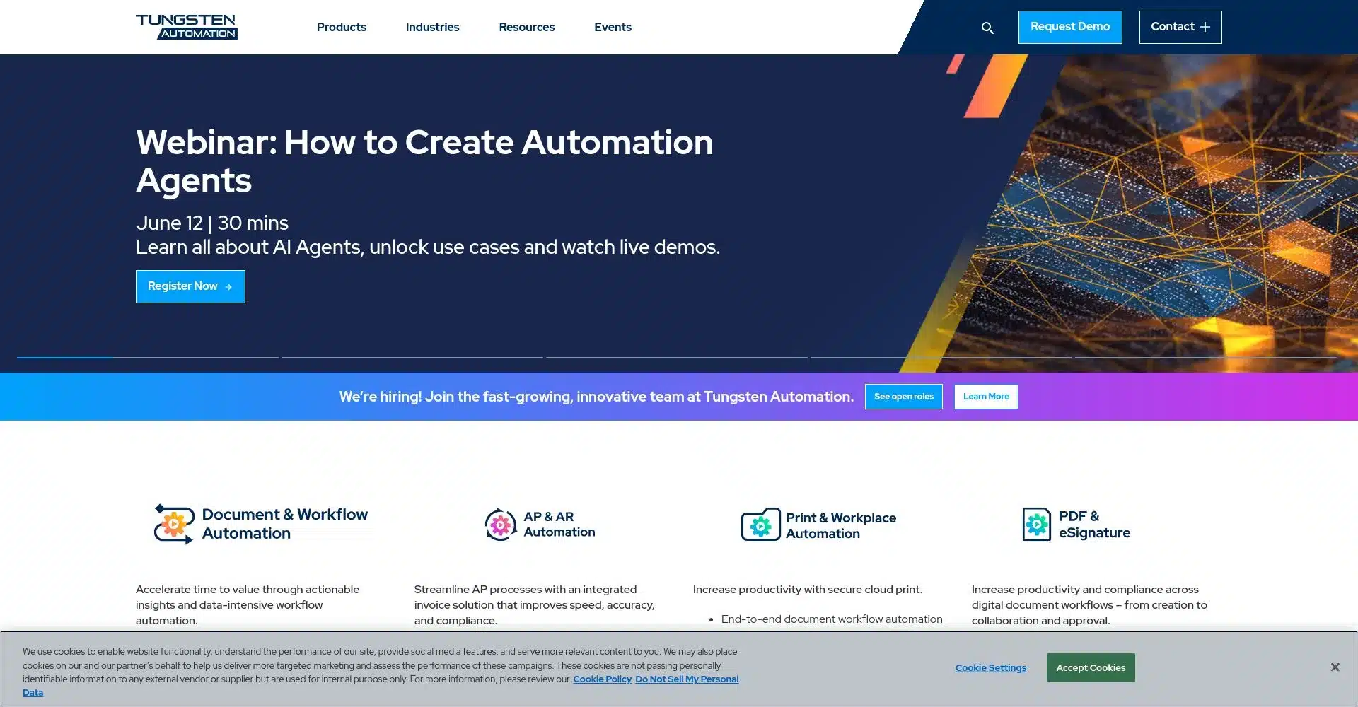 Captura de pantalla del sitio Web de Tungsten Automation mostrando información sobre un webinar