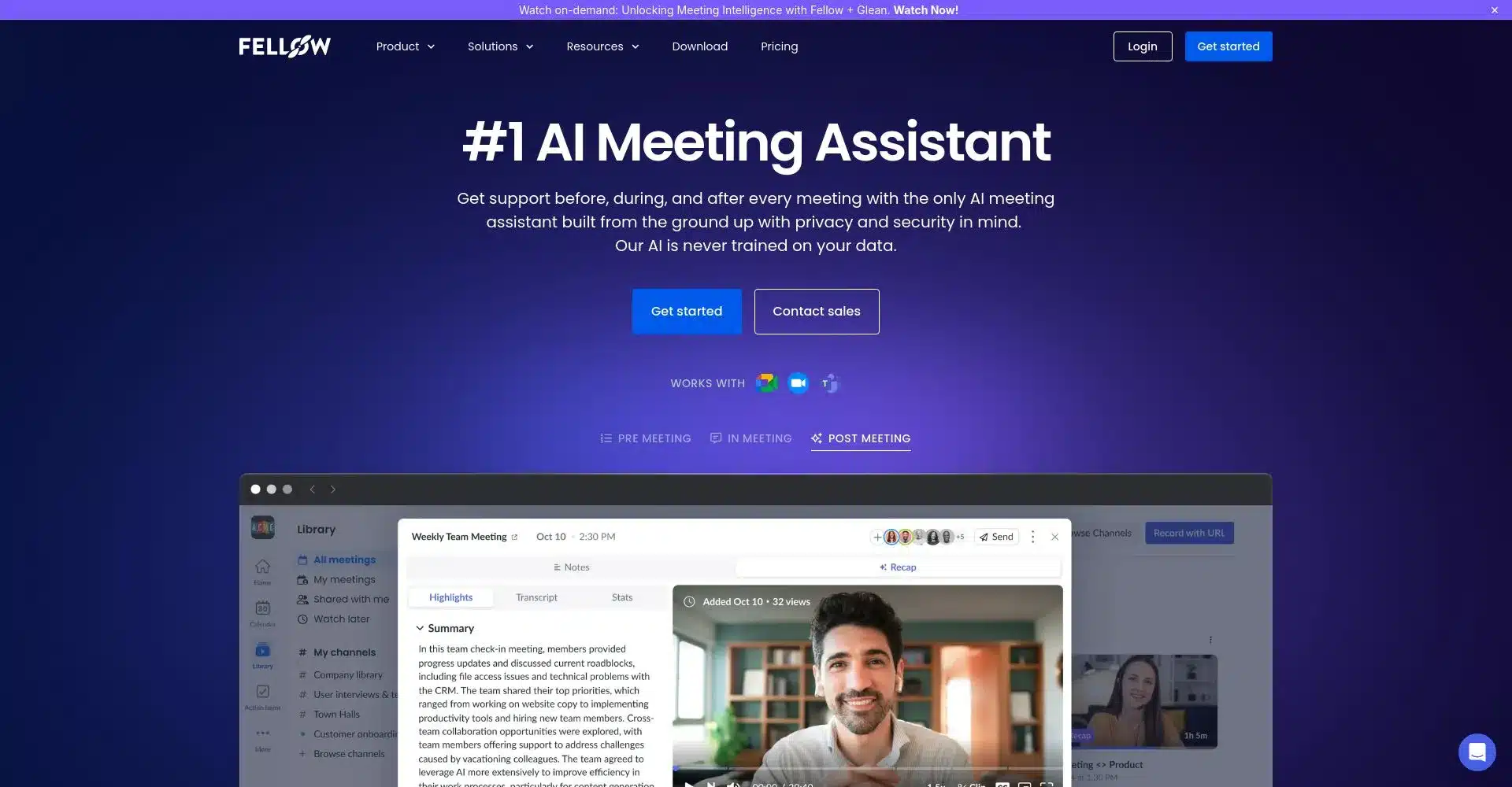 Página web de Fellow destacando su asistente de reuniones con IA