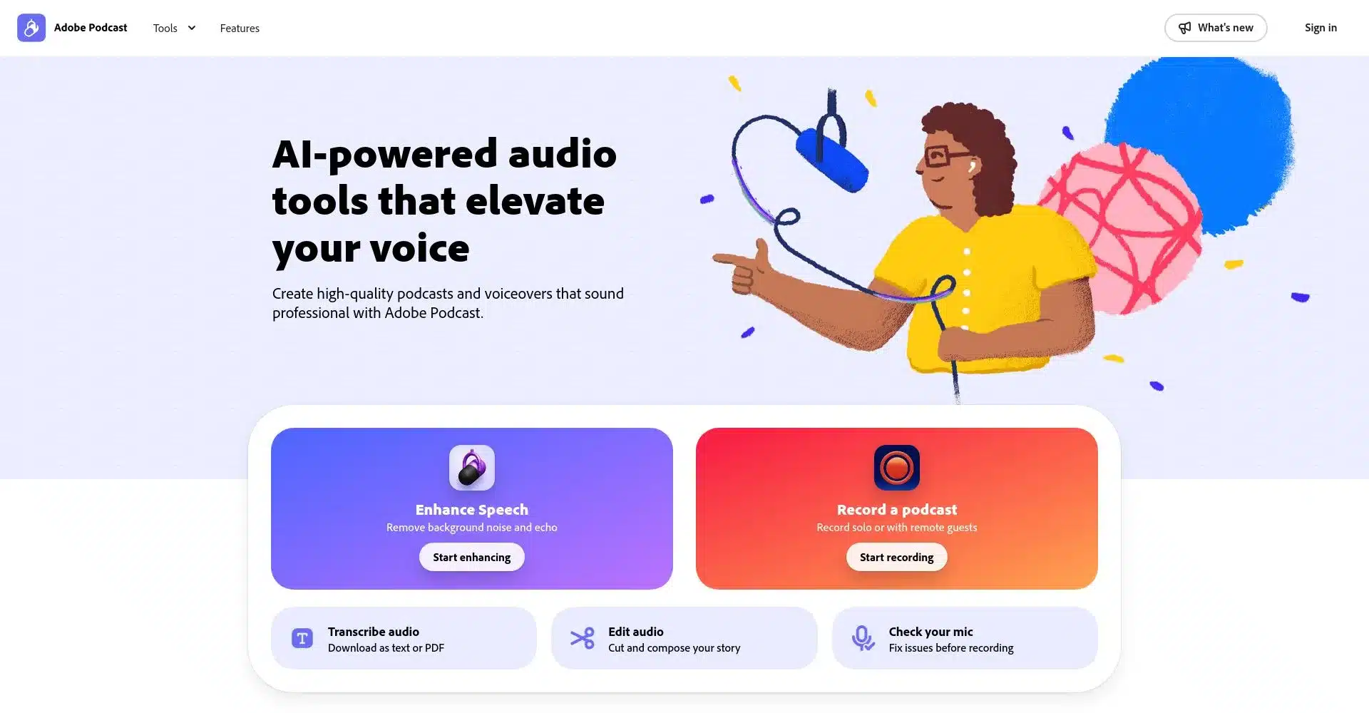 Página principal de Adobe Podcast con herramientas de audio impulsadas por IA