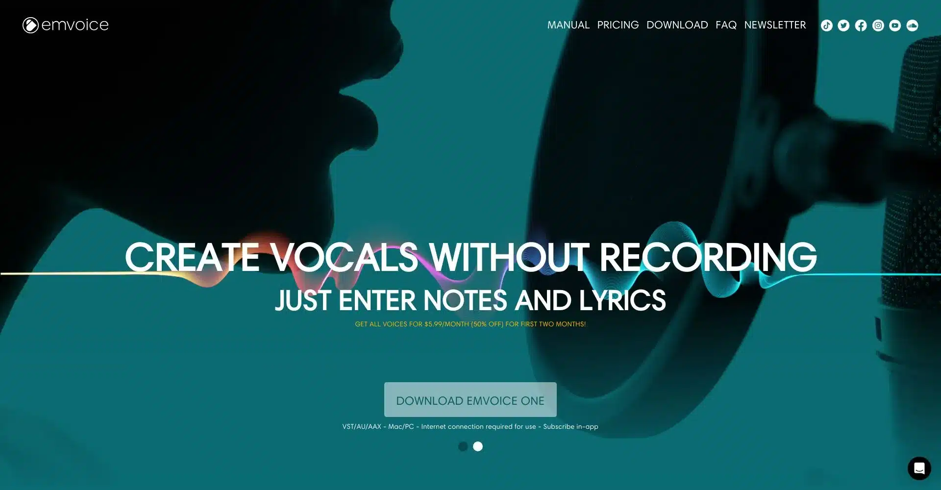 PƔgina de inicio de Emvoice mostrando el texto 'CREATE VOCALS WITHOUT RECORDING'