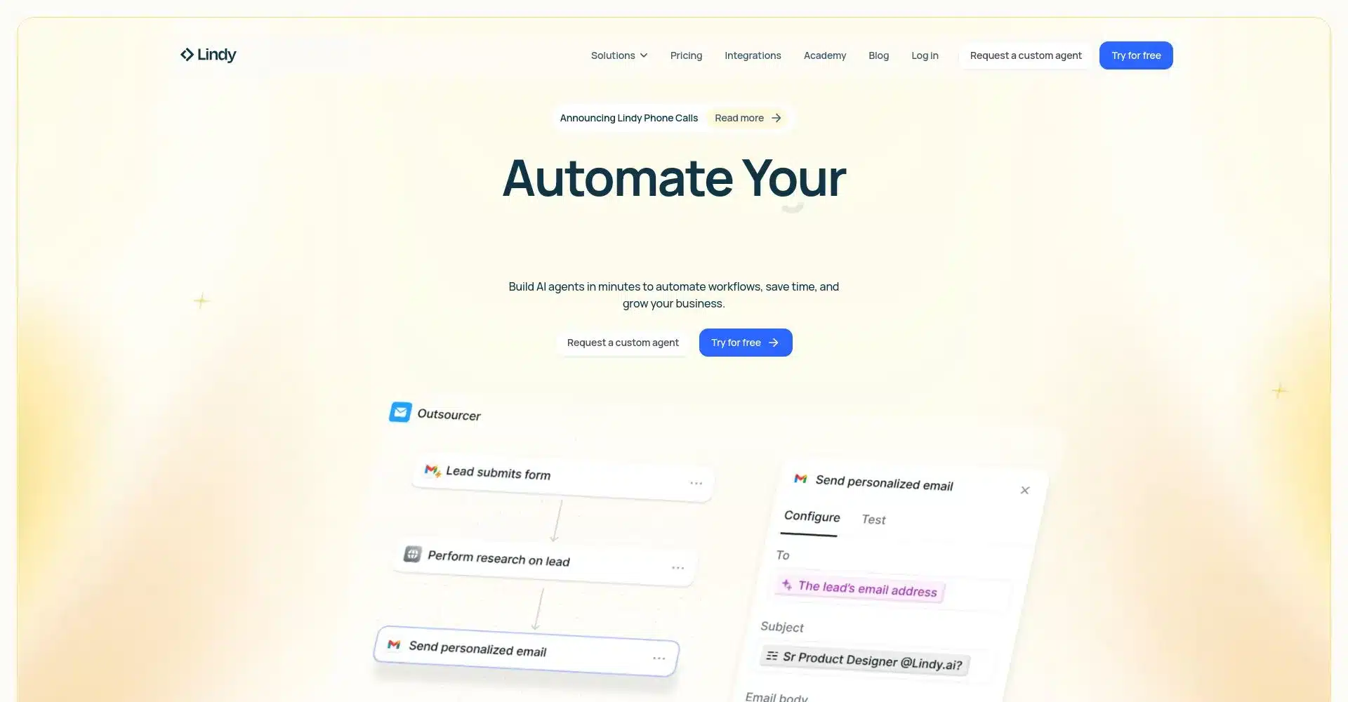 Captura de pantalla del sitio web de Lindy mostrando opciones de automatización