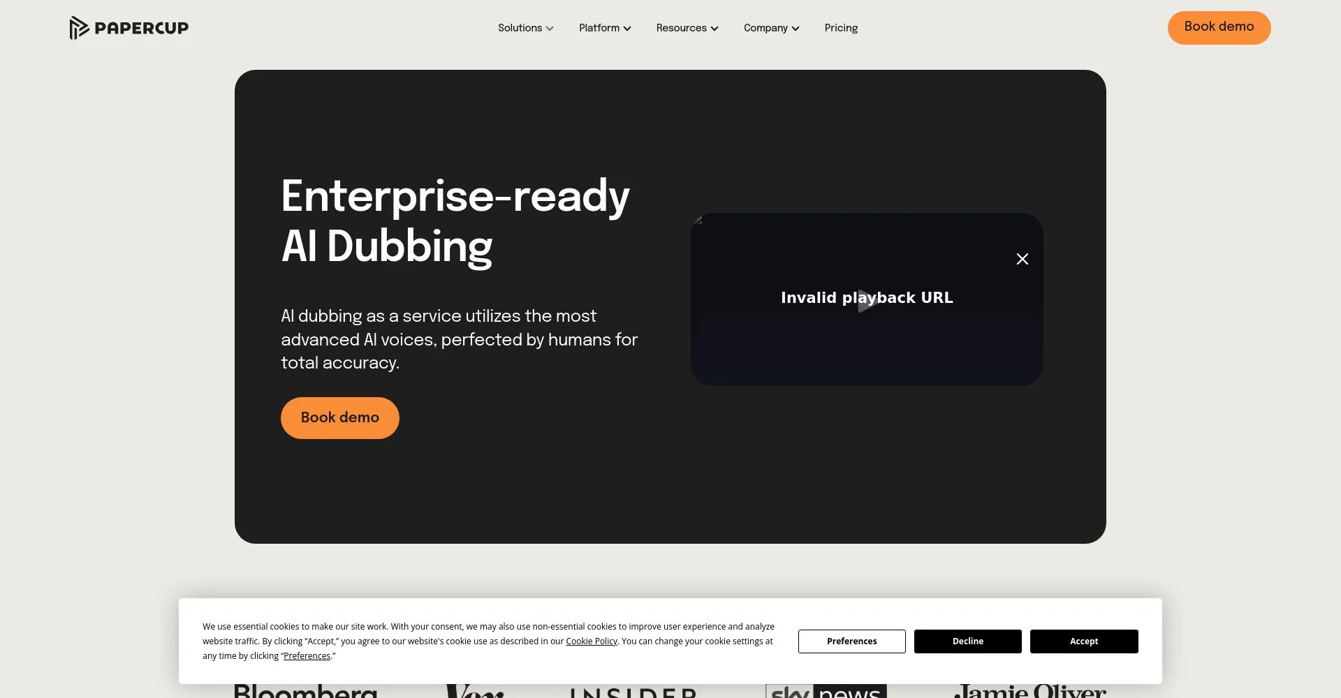 Captura de pantalla del sitio web de Papercup sobre doblaje de IA